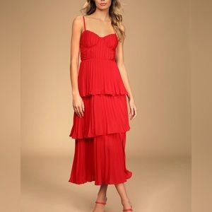 Lulus Cascading Crush Red Tiered Bustier Midi Dress